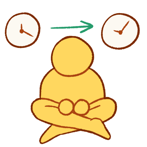  A drawing of an emoji yellow person sitting cross-legged. Above them are two clocks, each showing different times. A green arrow points from the left clock to the right clock